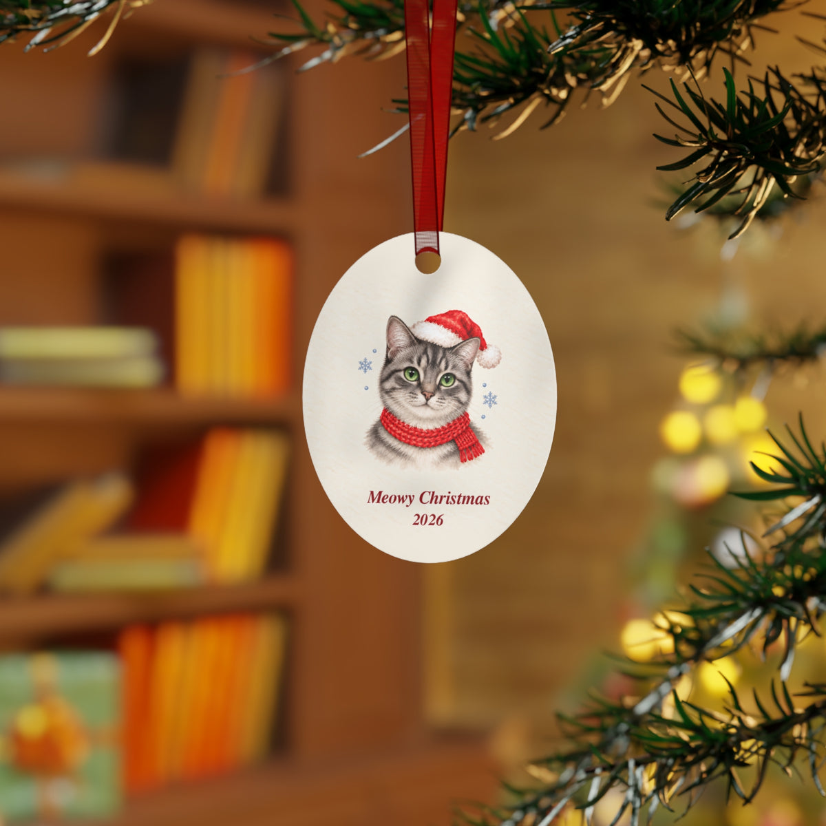 Gray Tabby Cat Christmas Ornament 2026 – Metal Keepsake