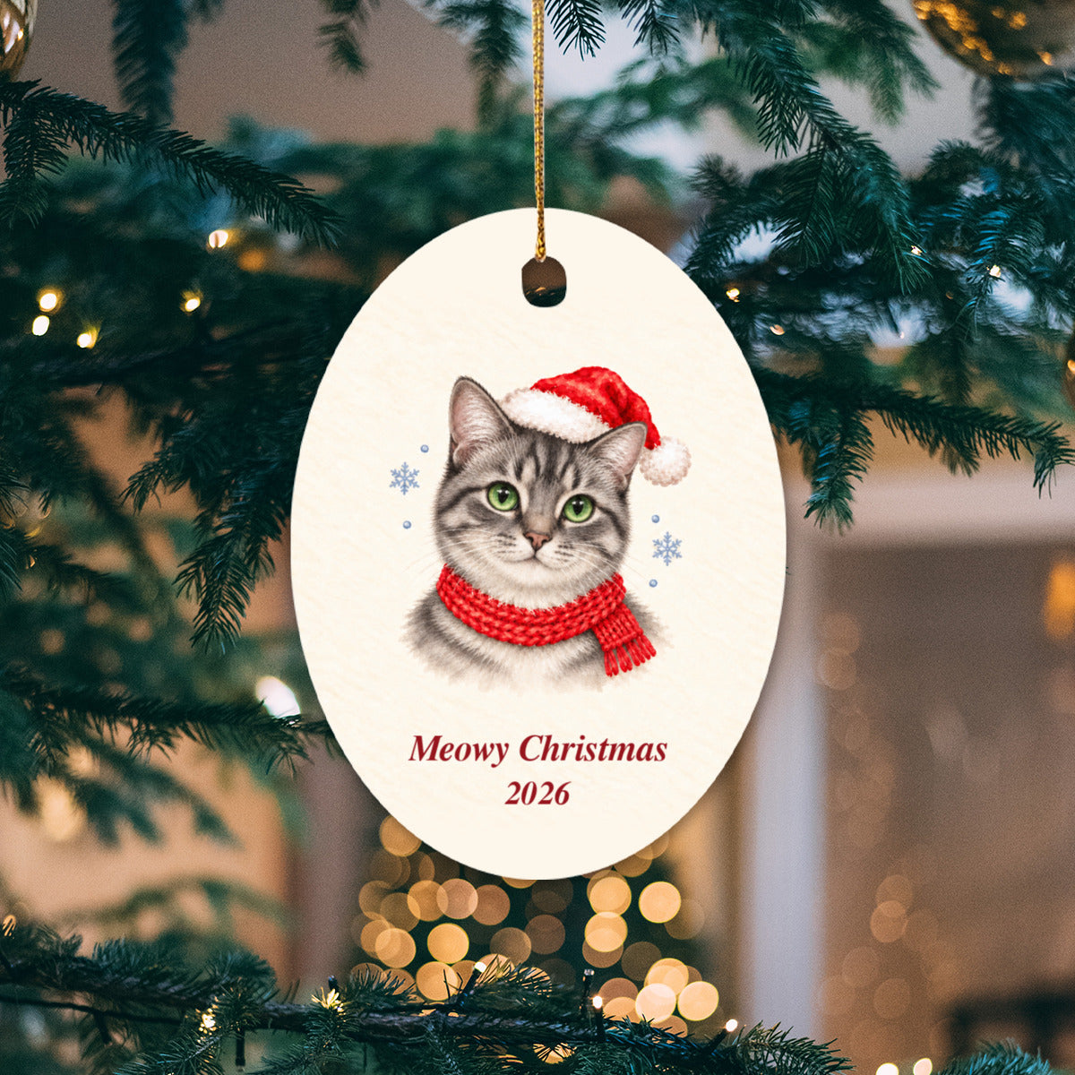 Gray Tabby Cat Christmas Ornament 2026 – Ceramic Keepsake